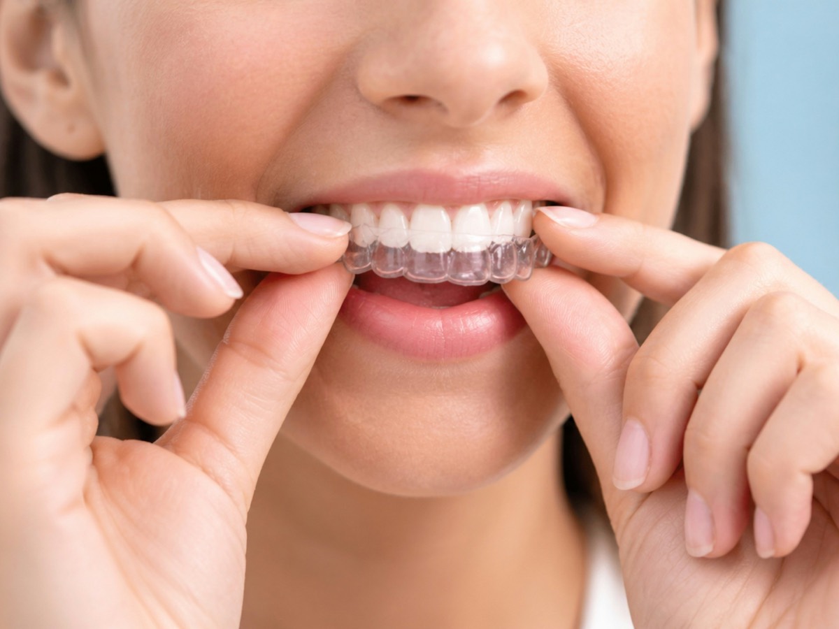 Patient fitting clear dental aligners on upper teeth